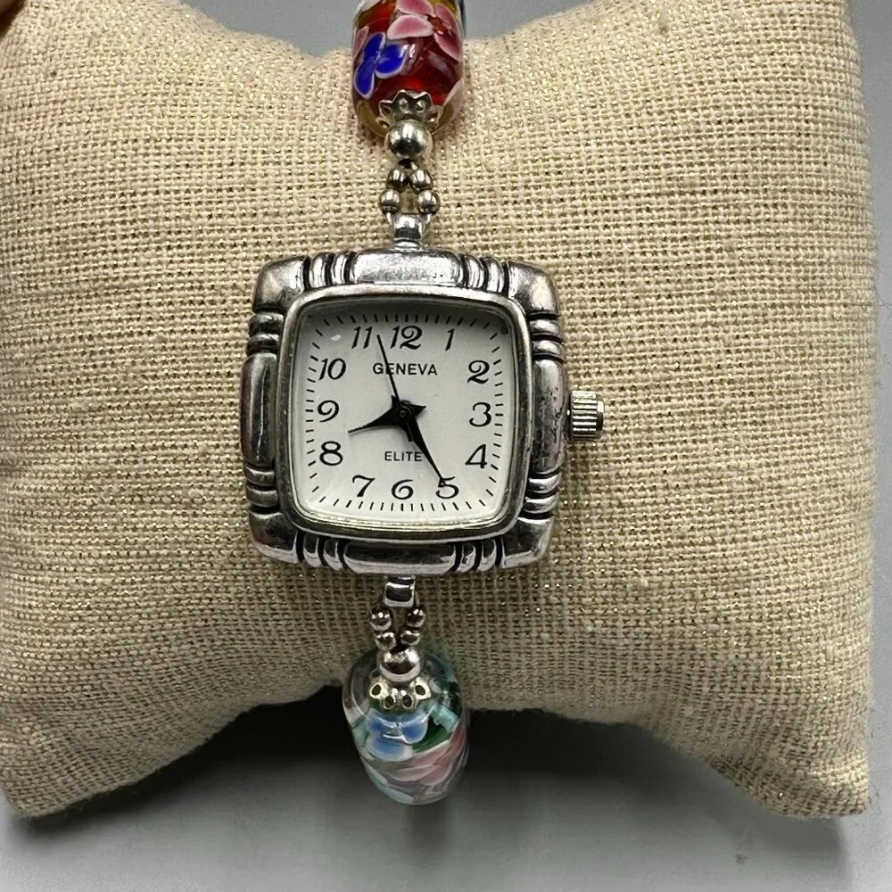 Geneva Watch Women Silver Tone Floral Glass Bead Bracelet New Battery 7 Inch